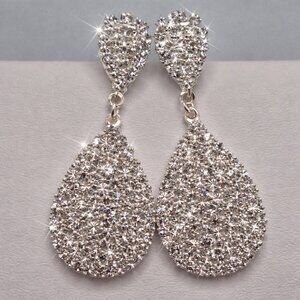 Long Teardrop Rhinestone Stud Earrings Silver Tone Statement Dangle Glam